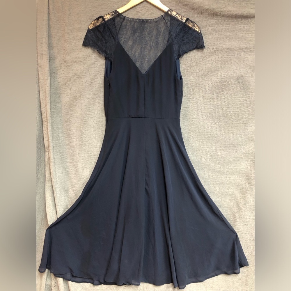 ASOS 4 navy blue chiffon flare skirt, V-neck lace upper shoulders back